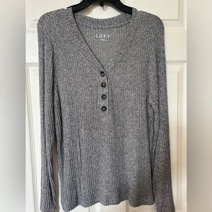LOFT Charcoal Button-Front Long Sleeve Top
